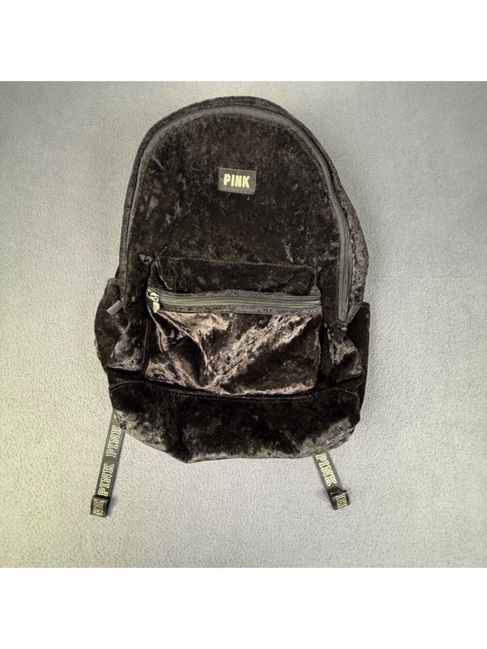 Victoria’s Secret PINK Black Crushed Velvet Campus Backpack 16x18x8 EUC